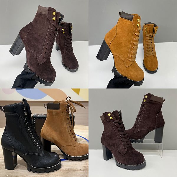 2026 Luxury Star Trail Ankle Boots Premium Women's Suede Calf Leather High-Heel Boot Camel Brown Chunky Block Heels Trendy Winter Footwear 1178 - Shoes & Accessories - rolexwatchok