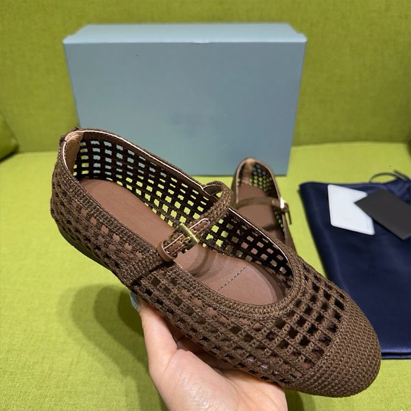 High Quality Crochet Ballet Flats Women Designer Knit Shoes Ladies Hollow Out Woven Mesh Flat Sandals Square Toe Metal Triangle Mary Jane Walking Shoes 1138 - Shoes & Accessories - rolexwatchok