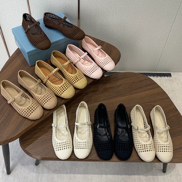 2026 Designer Crochet Knit Hollow Out Ballerina Flats Women Woven Mesh Mary Jane Shoes Triangle Breathable Adjustable Ankle Strap Casual Flat Pumps 1138 - Shoes & Accessories - rolexwatchok