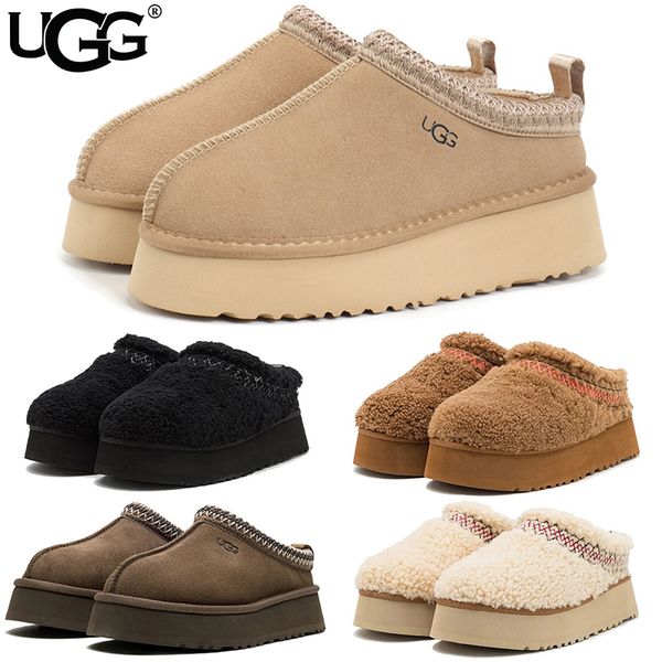 UGG Women's Tazz Platform Slippers Suede Curly Shearling Tribal Stitch Trim Slip On Warm Fur Lined Indoor Outdoor Winter Mule Slides Multiple colors - Shoes & Accessories - rolexwatchok