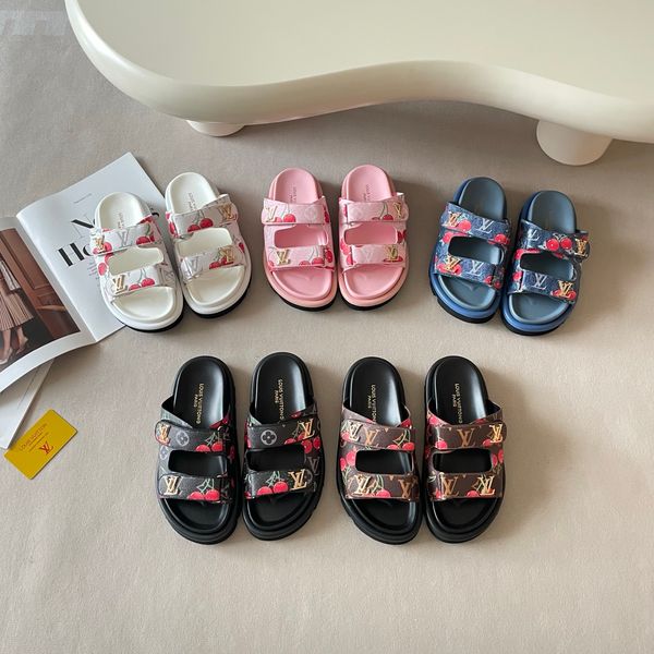 LV x TM Pool Pillow Flat Mule Cherry Print Platform Slide Sandals Women Adjustable Double Strap Metal Thick Sole Casual Outdoor Beach Couple Slippers Multiple colors - Shoes & Accessories - rolexwatchok