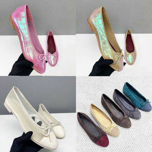 2026 Suede Ballet Flats Designer Loafers Women Iridescent Croc Embossed Ballerine Shoes Bow Sandals Fashion Mesh Dress Shoes Girls Boat Shoes 891 - Shoes & Accessories - rolexwatchok