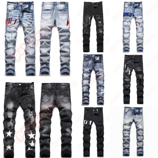 Mens Designer jeans Fashion Jeans European America Style Jean Streetwear Letter Embroidery Pants Patchwork Ripped For Motorcycle Pant Skinny Jeans - Apparel - rolexwatchok